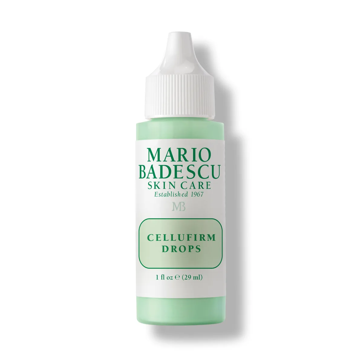Mario Badescu Cellufirm Drops clear bottle with pale-green emulsion and nozzle cap