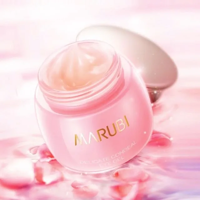 Marubi Delicate Congeal Eye Gel pink frosted jar with the lid beside it