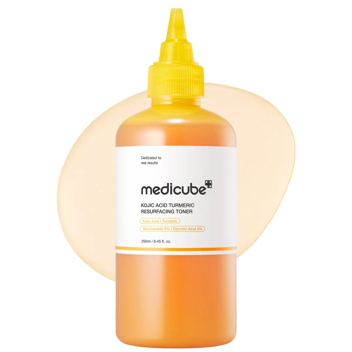 Medicube Kojic Acid Turmeric Toner 250 mL orange bottle with yellow nozzle