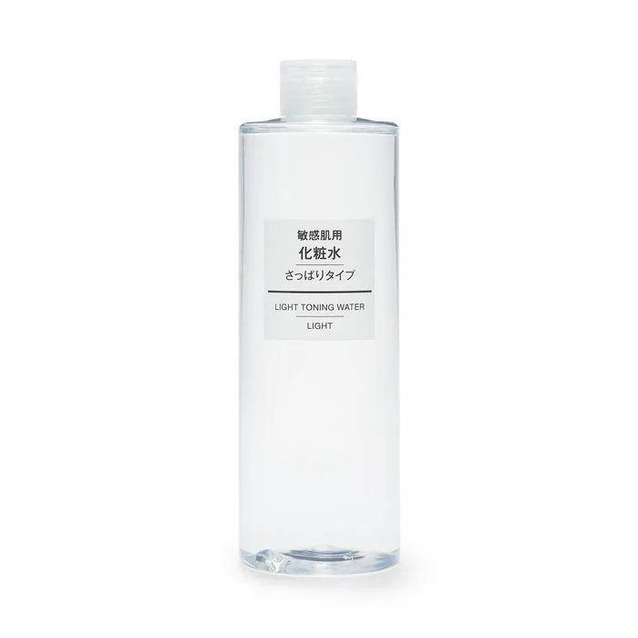 Muji Sensitive Skin Toning Water Light bottle, a minimalist fragrance-free hydrating toner with alkaline water, Lipidure, glycerin and purslane