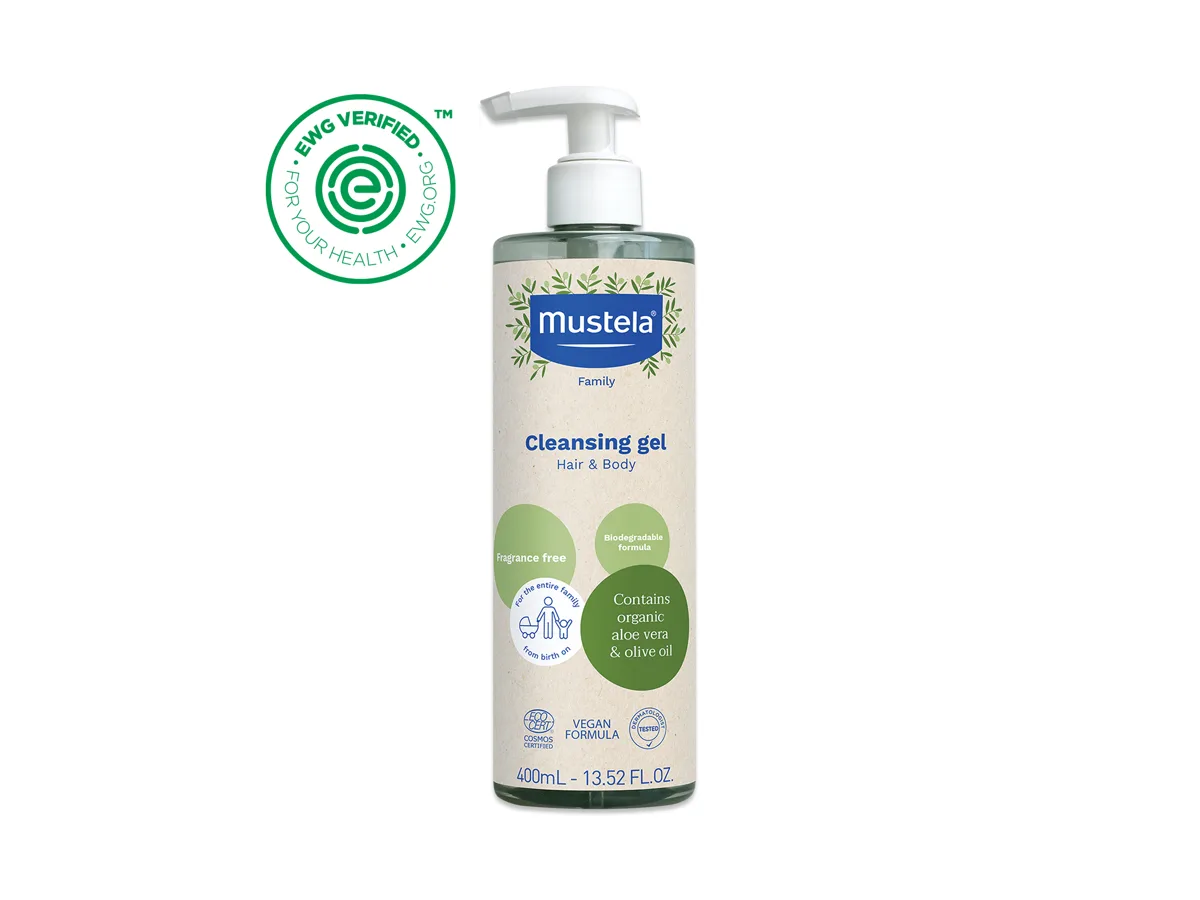 Mustela Organic Cleansing Gel with Olive Oil and Aloe 400 mL pump bottle, fragrance-free