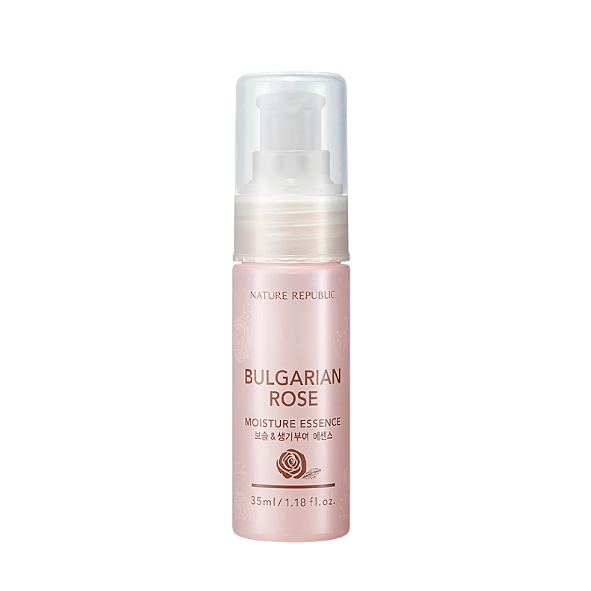 Nature Republic Bulgarian Rose Moisture Essence small clear pump bottle with pink rose label