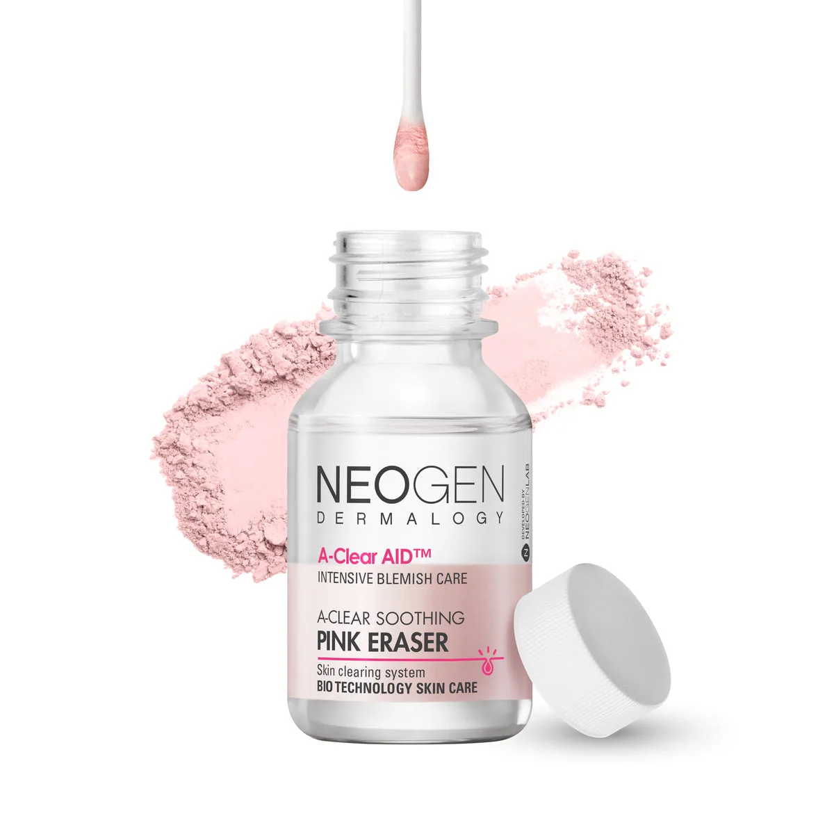 Neogen Dermalogy A-Clear Aid Soothing Pink Eraser 15 mL two-layer bottle