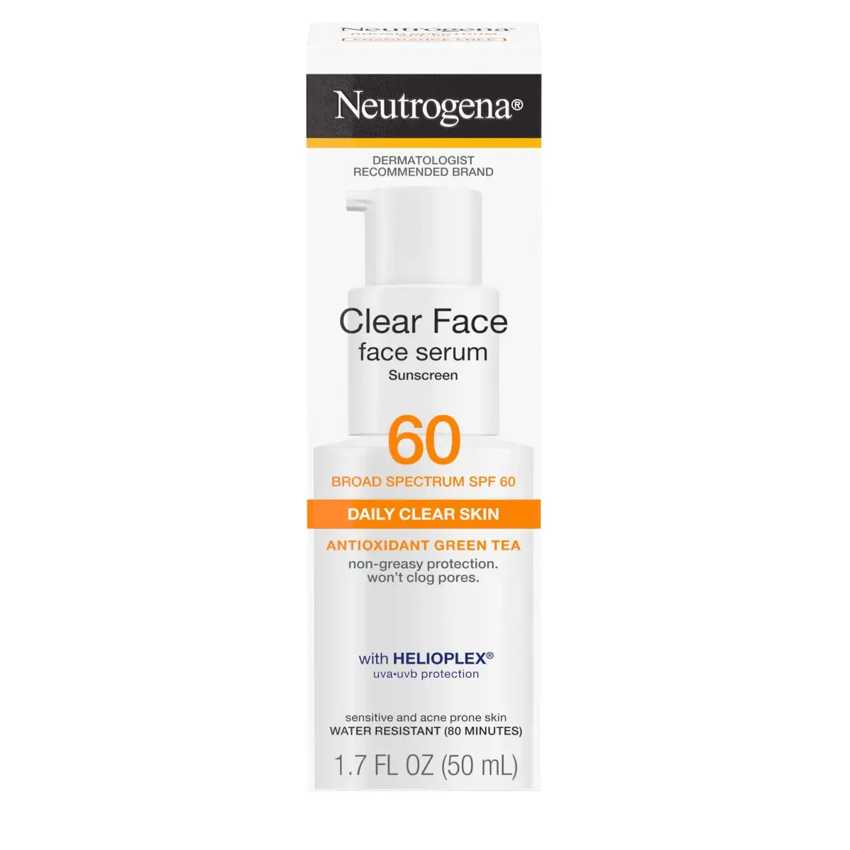 Neutrogena Clear Face Serum Sunscreen SPF 60 with green tea, 1.7 oz pump bottle