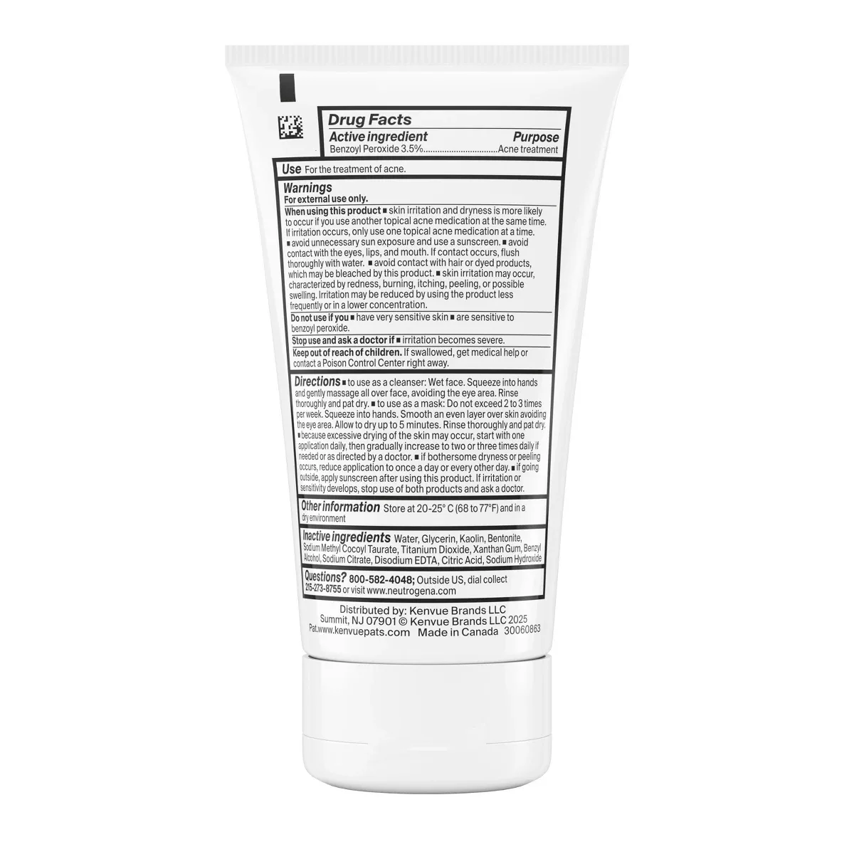Neutrogena Evenly Clear Acne Cleansing Mask with Benzoyl Peroxide 4.2 oz tube