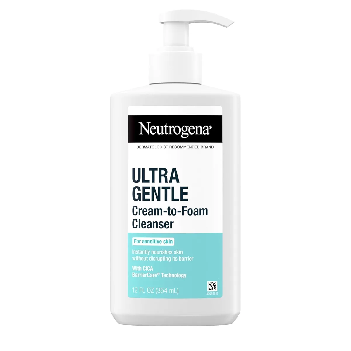 Neutrogena Ultra Gentle Cream-to-Foam Cleanser pump bottle on white background