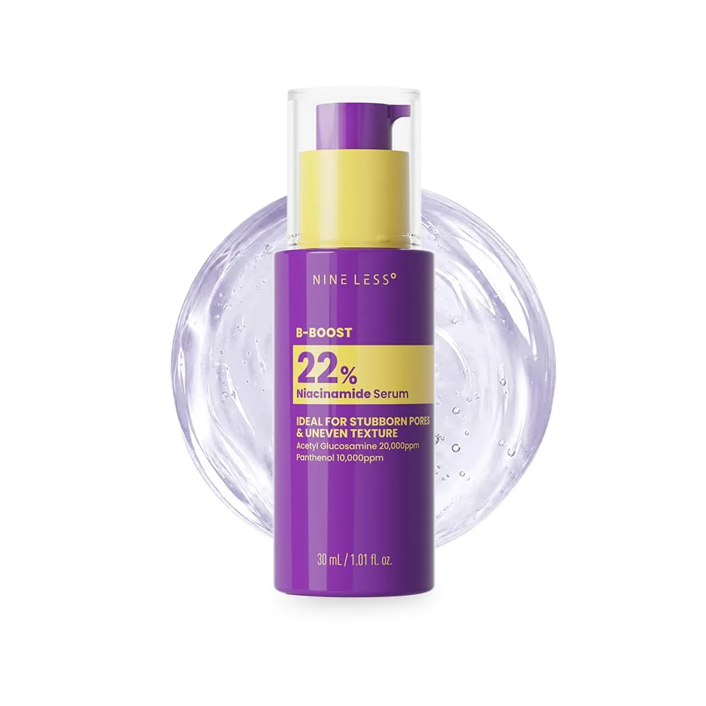 Nineless B-BOOST 22% Niacinamide Serum 30ml purple and yellow pump bottle