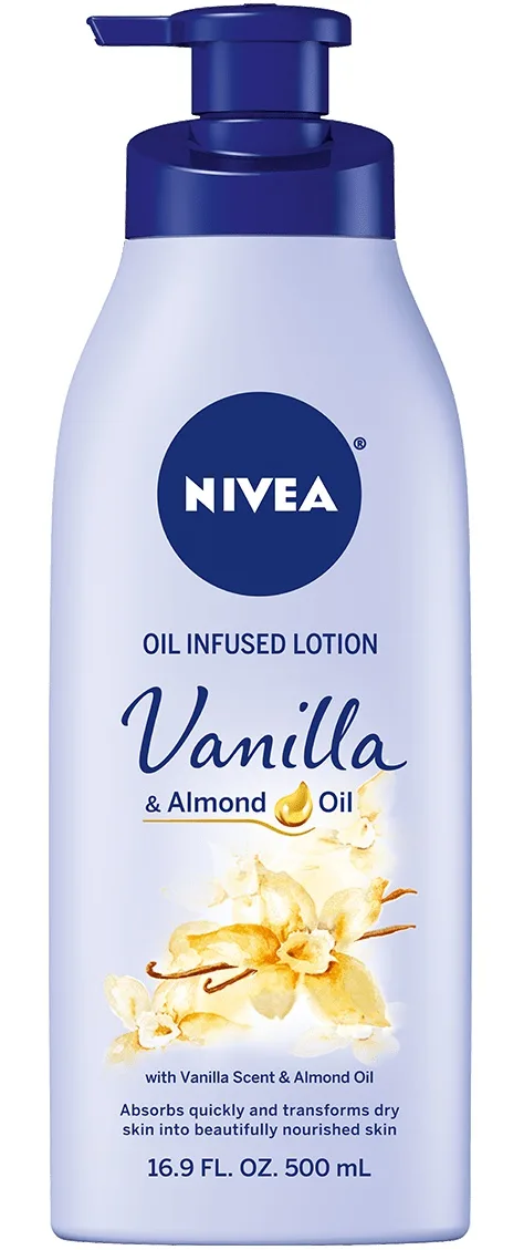 Nivea Oil Infused Body Lotion with Vanilla and Almond Oil pump bottle on white background