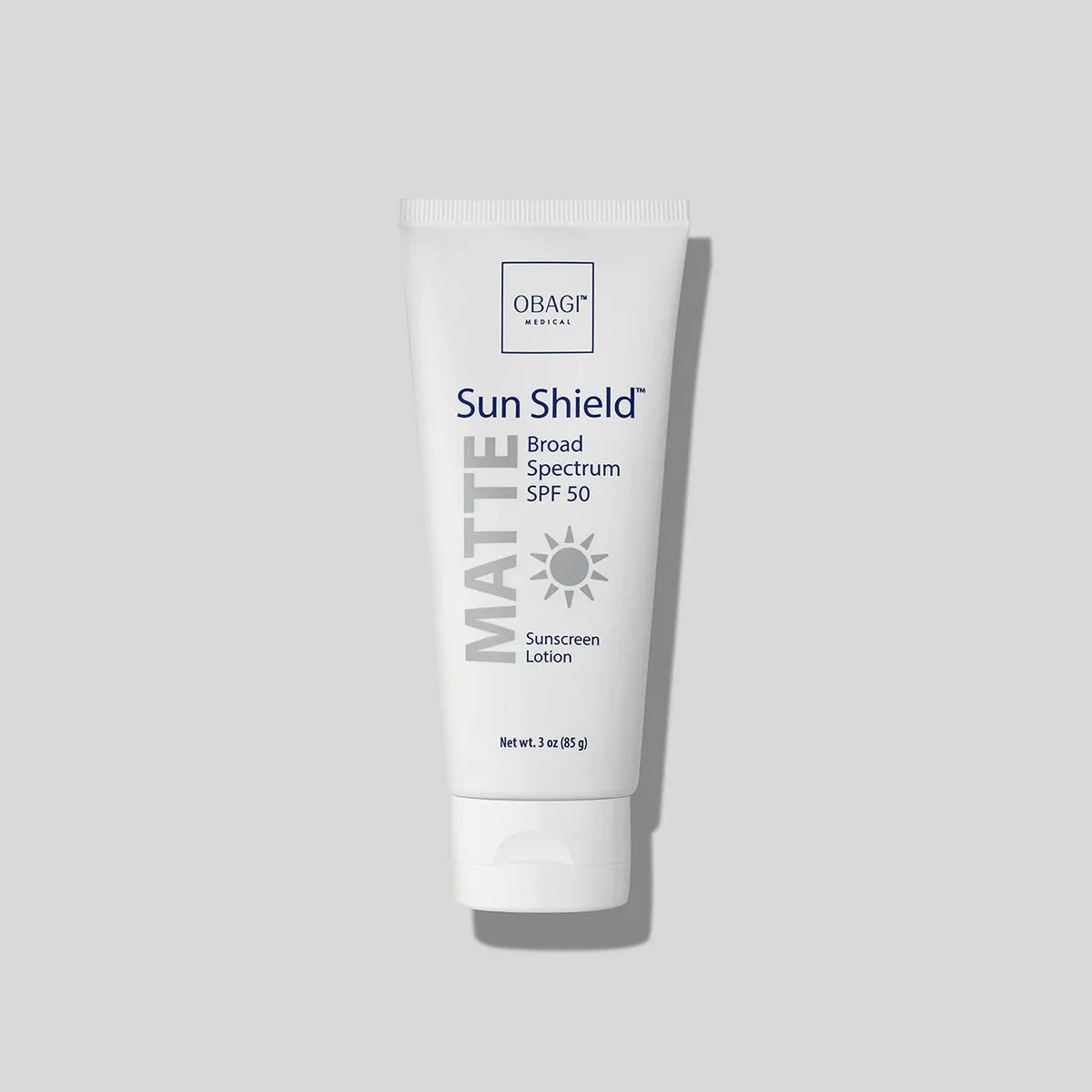 Obagi Sun Shield Matte Broad Spectrum SPF 50 white tube with blue and grey Obagi branding