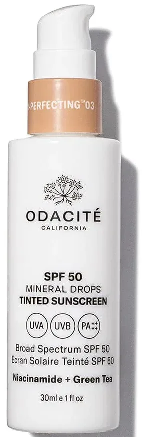 Odacité Flex-Perfecting Mineral Drops Tinted Sunscreen SPF 50 dropper bottle, 12% zinc oxide tinted mineral sunscreen with iron oxides, niacinamide, and green tea