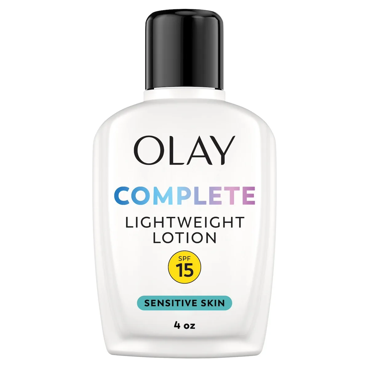 Olay Complete Lightweight Lotion Sensitive Skin SPF 15 white bottle on white background