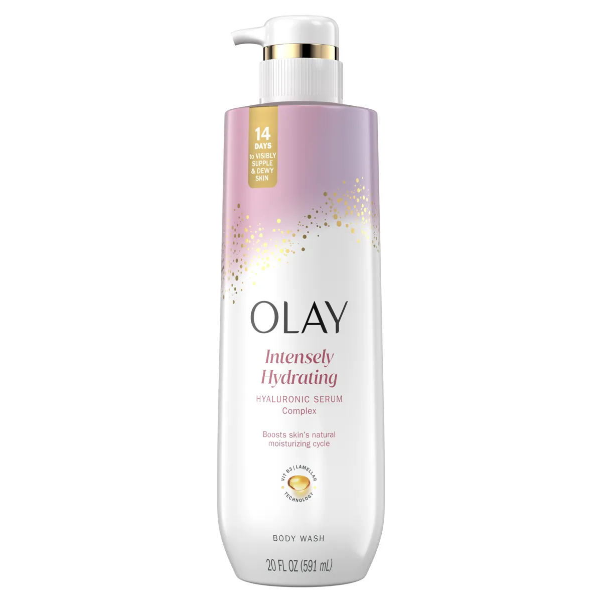 Olay Intensely Hydrating Body Wash with Hyaluronic Serum Complex bottle on white background