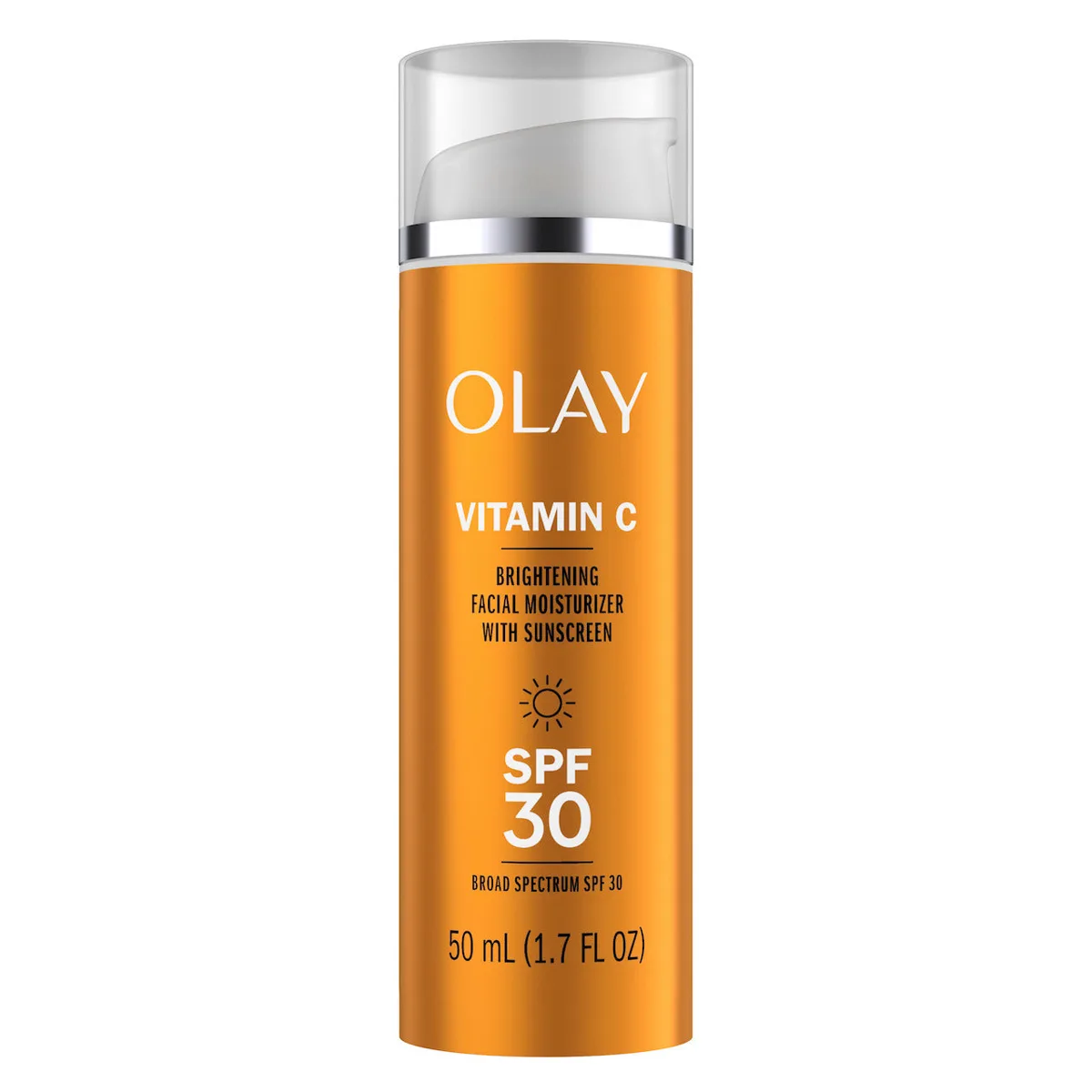 Olay Vitamin C Brightening Facial Moisturizer with Sunscreen SPF 30 pump bottle on white background