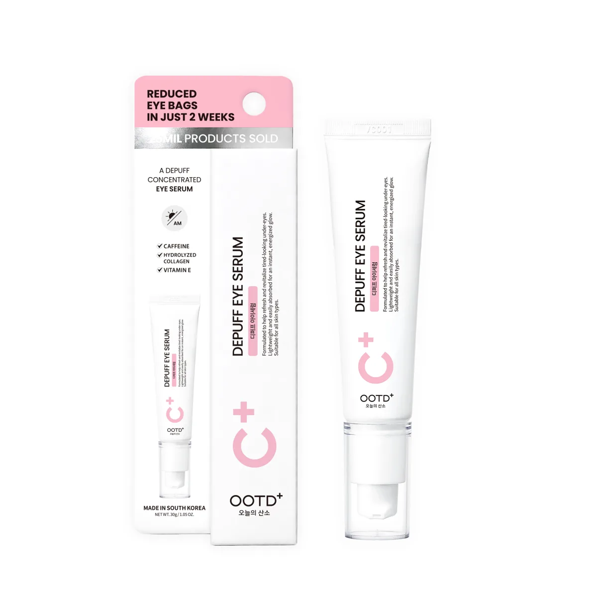 OOTD Depuff Eye Serum 30g tube and box with pink C+ branding