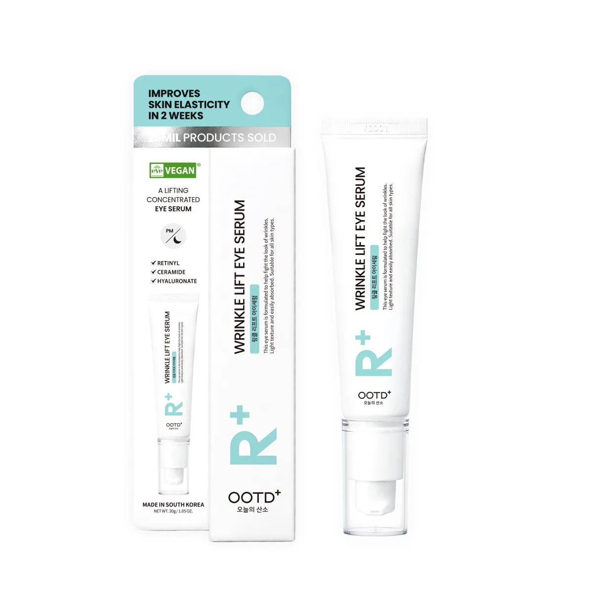 OOTD Wrinkle Lift Eye Serum 30g tube and box with mint R+ branding