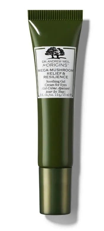 Origins Mega-Mushroom Relief & Resilience Soothing Gel Cream for Eyes tube on white background