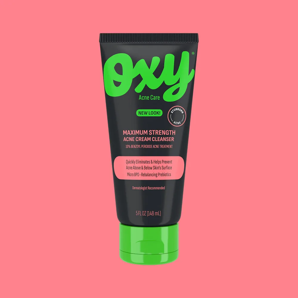Tube of OXY Maximum Strength Acne Cream Cleanser 10% benzoyl peroxide