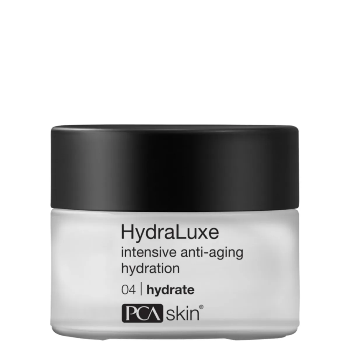 PCA Skin HydraLuxe intensive anti-aging hydration cream in a frosted glass 1.8 oz jar with a black lid