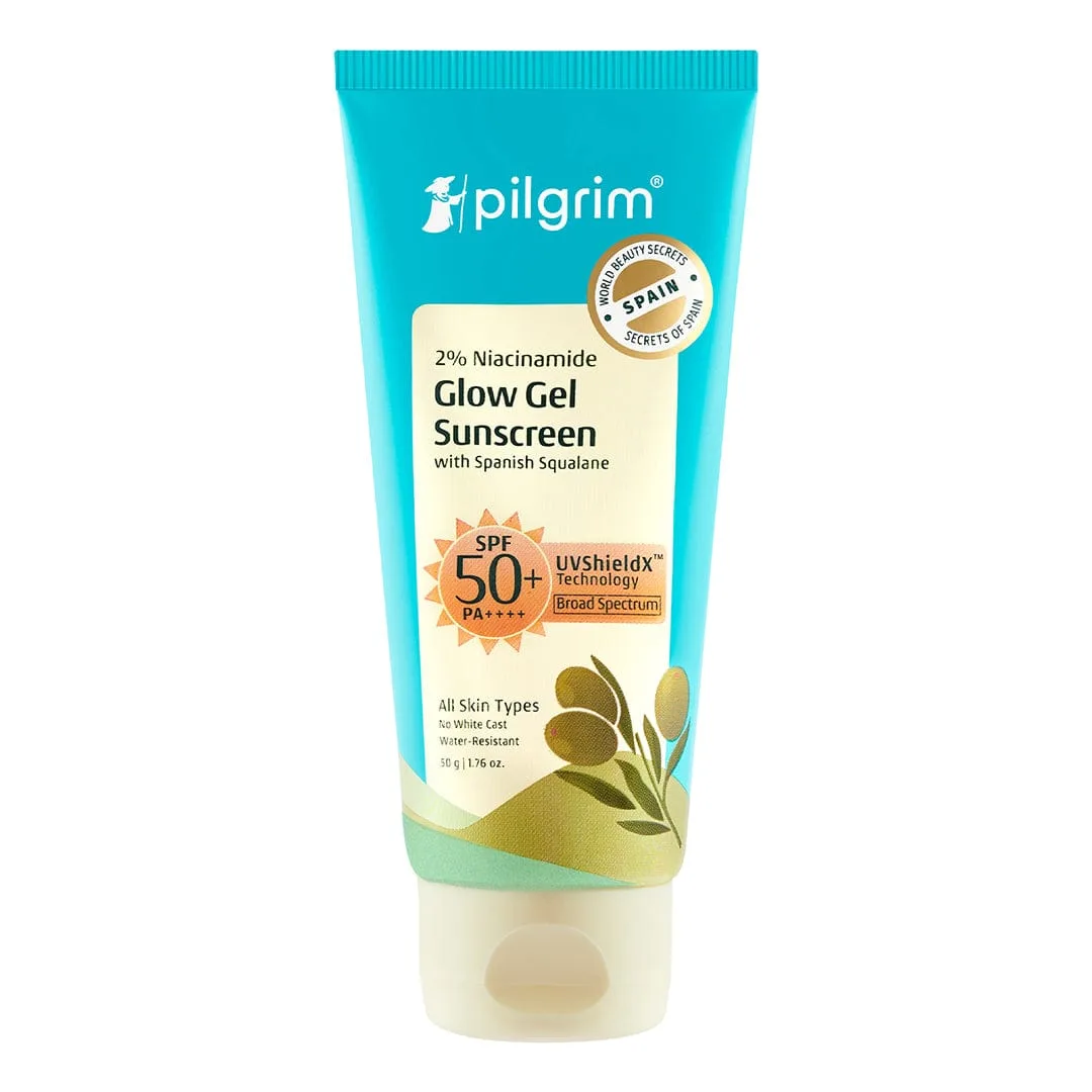 Pilgrim 2% Niacinamide Glow Sunscreen SPF 50 tube, a fragrance-free broad-spectrum chemical sunscreen with premium filters