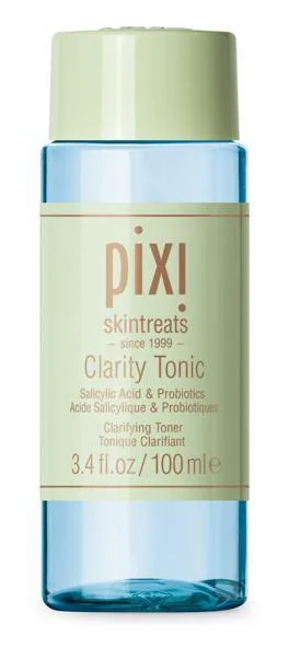 Pixi Clarity Tonic glass bottle, drugstore-prestige AHA + BHA toner with glycolic + lactic + salicylic acid triple acid complex, lactobacillus + leuconostoc probiotics, centella + licorice + willow bark soothing, and magnesium ascorbyl phosphate vitamin C derivative