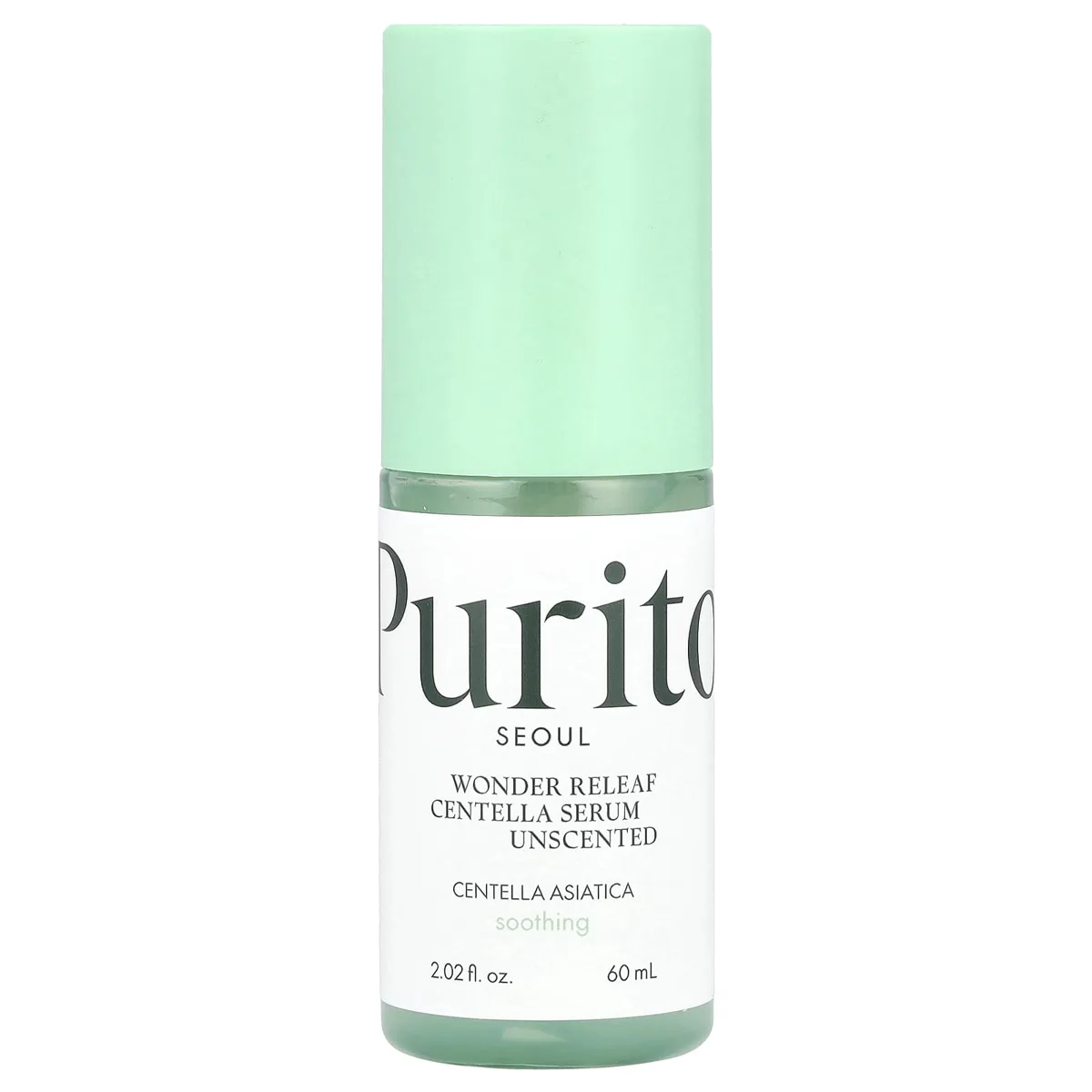 Purito Centella Unscented Serum bottle with pump dispenser and minimalist white label