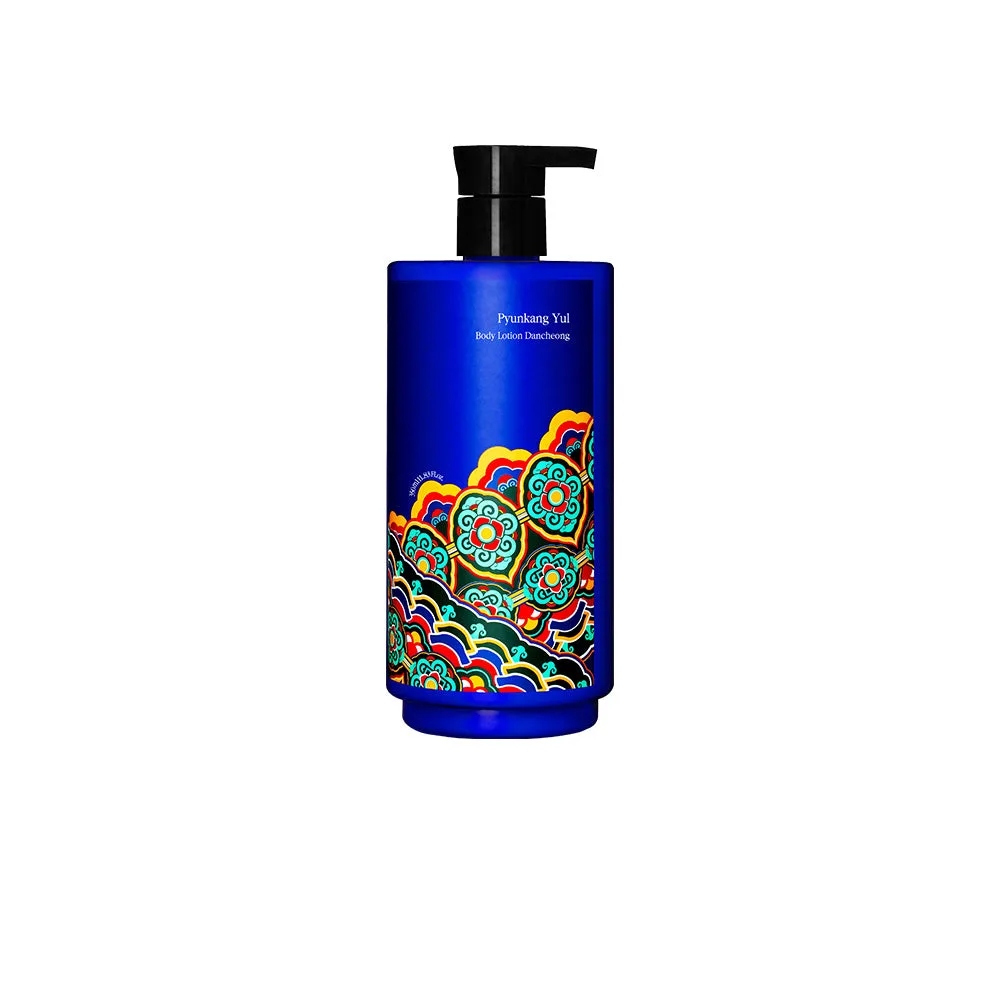 Pyunkang Yul Body Lotion Dancheong 350 mL cobalt-blue pump bottle with multicoloured Dancheong pattern