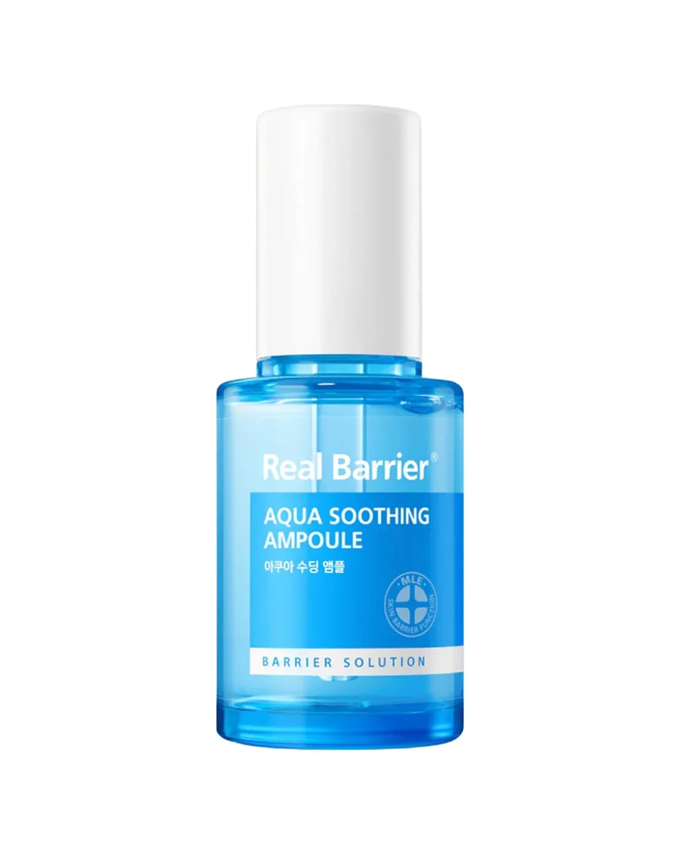 Real Barrier Aqua Soothing Ampoule 30ml dropper bottle, a lightweight blue-tinted K-beauty ampoule with niacinamide, chamomile, azulene, madecassoside, and hyaluronic acid