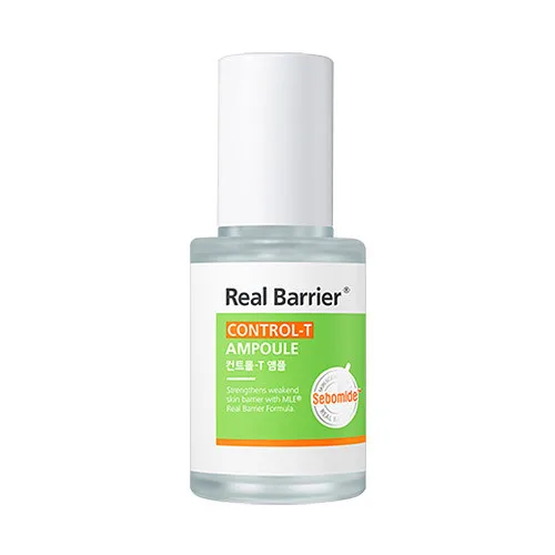 Real Barrier Control-T Ampoule 30ml dropper bottle, a lightweight K-beauty sebum-control ampoule for oily skin with tea tree, houttuynia, lactobionic acid, witch hazel, and licorice