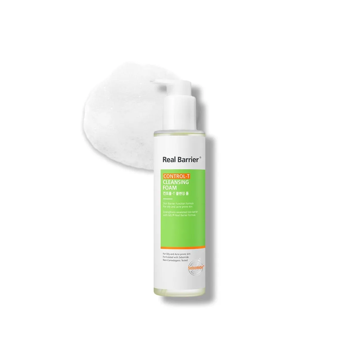 Real Barrier Control-T Cleansing Foam tube, a sulfate-free K-beauty oil-control cleanser for oily skin with houttuynia, tea tree, witch hazel, and gentle glucoside surfactants