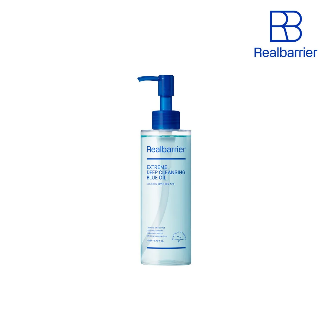 Real Barrier Extreme Deep Cleansing Blue Oil 200ml pump bottle, a barrier-friendly K-beauty cleansing oil with ceramides, eight hyaluronic acids, panthenol, and polyglutamic acid