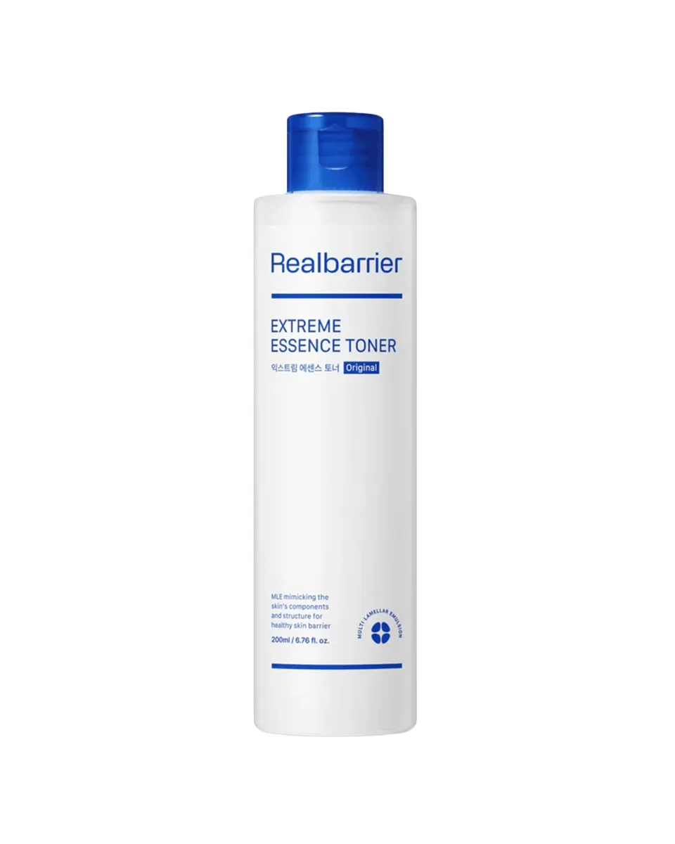 Real Barrier Extreme Essence Toner 190ml bottle, a barrier-repair K-beauty essence toner with MLE ceramides, five hyaluronic acids, panthenol, allantoin, and madecassoside