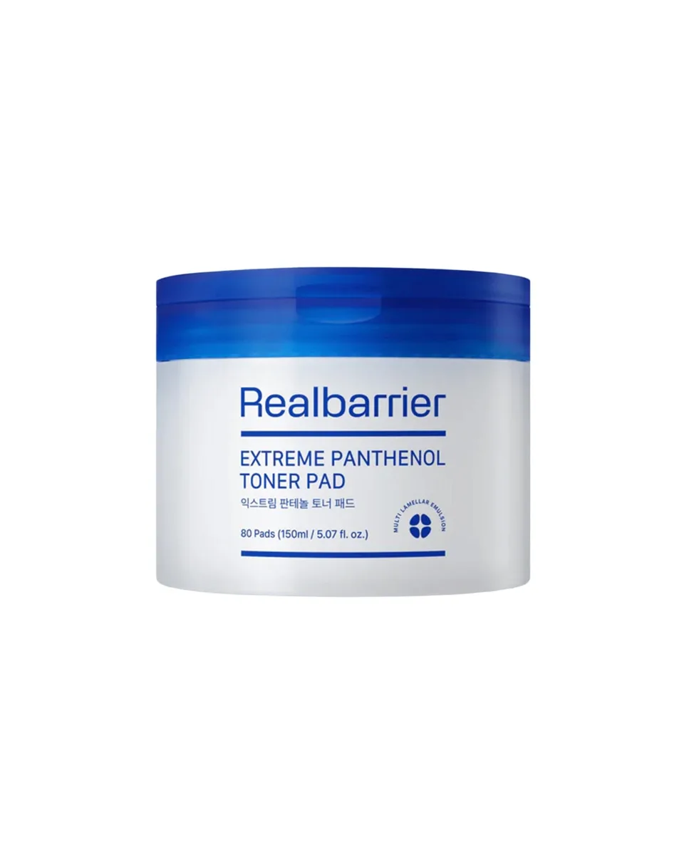 Real Barrier Extreme Panthenol Facial Toner Pad tub of 80 pads, a gentle K-beauty exfoliating pad with LHA and PHA, five ceramides, panthenol, ectoin, and niacinamide