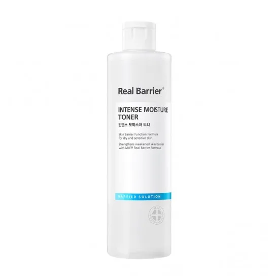 Real Barrier Intense Moisture Toner bottle, a rich K-beauty hydrating toner for very dry skin with shea butter, urea, trehalose, multiple hyaluronic acids, ectoin, and a pseudo-ceramide