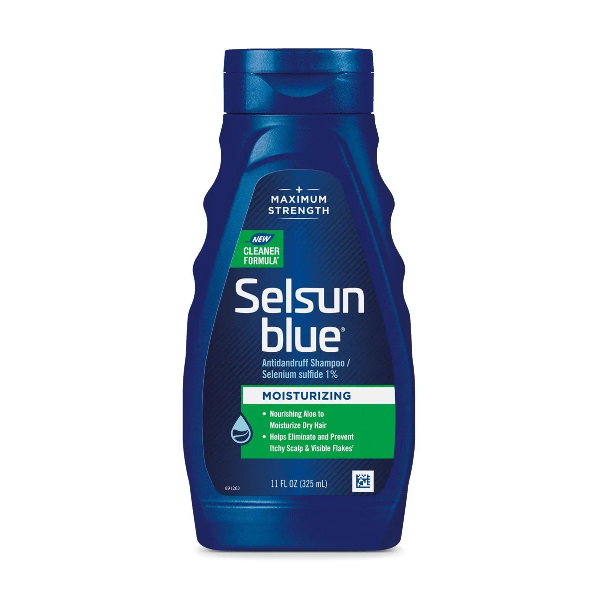 Selsun Blue Moisturizing antidandruff shampoo with 1% selenium sulfide in a ribbed blue bottle, 11 fl oz