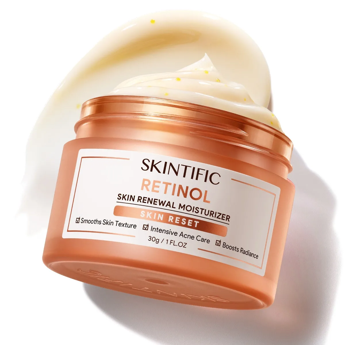 Skintific Retinol Skin Renewal Moisturizer 30 g peach jar with a swirl of cream and yellow retinol beads