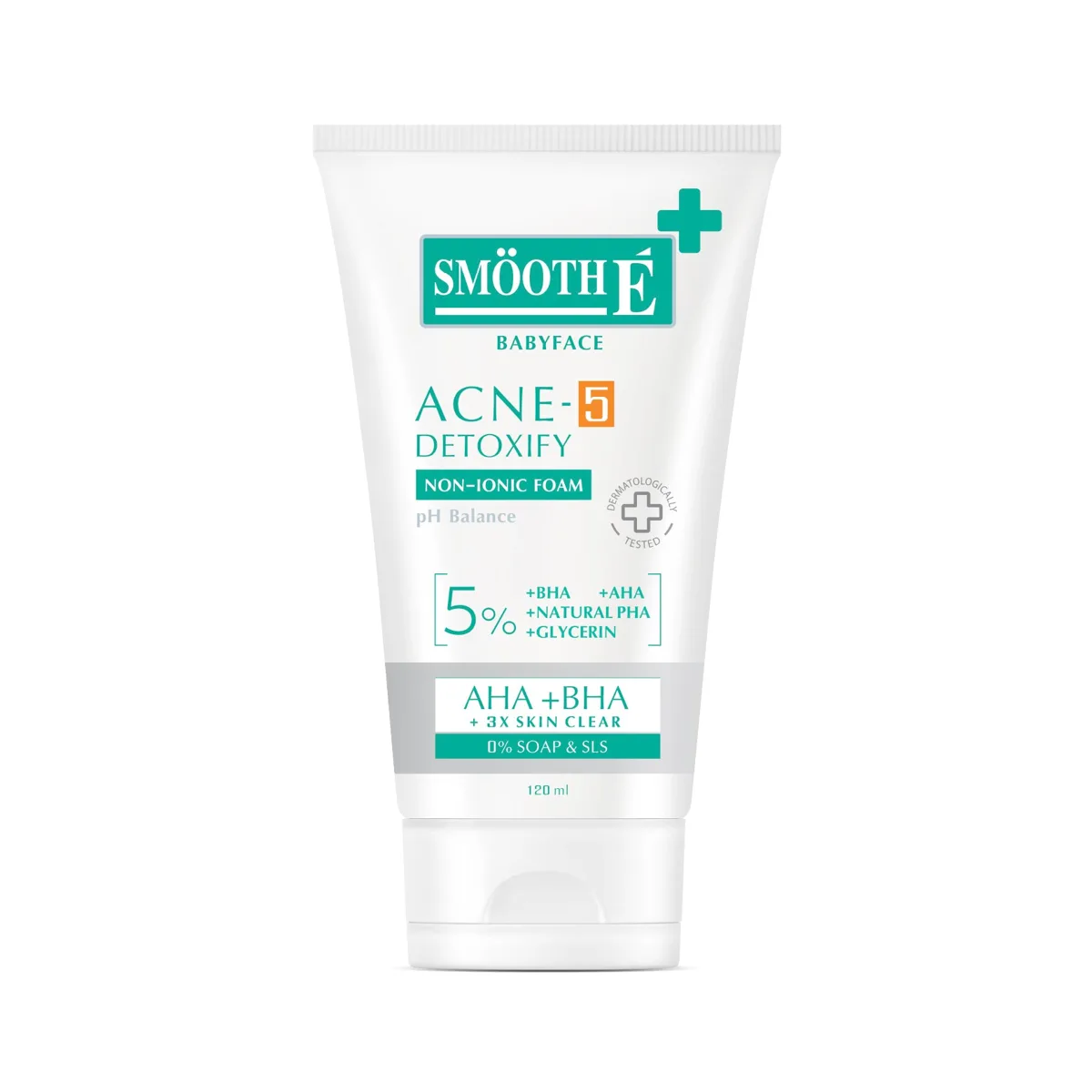 Smooth E Babyface Acne-5 Detoxify Non-Ionic Foam acne cleanser tube on white background