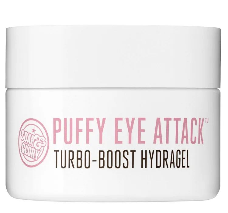 Soap & Glory Puffy Eye Attack Turbo-Boost Hydragel tube, a fragrance-free caffeine and humectant de-puffing under-eye gel