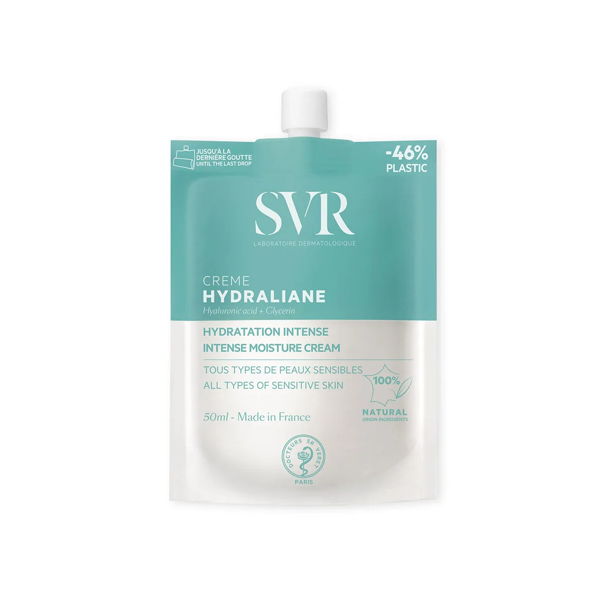 SVR Hydraliane Moisturizing Cream 50ml in a white recyclable pouch with red SVR branding — French pharmacy daily hydrating face cream