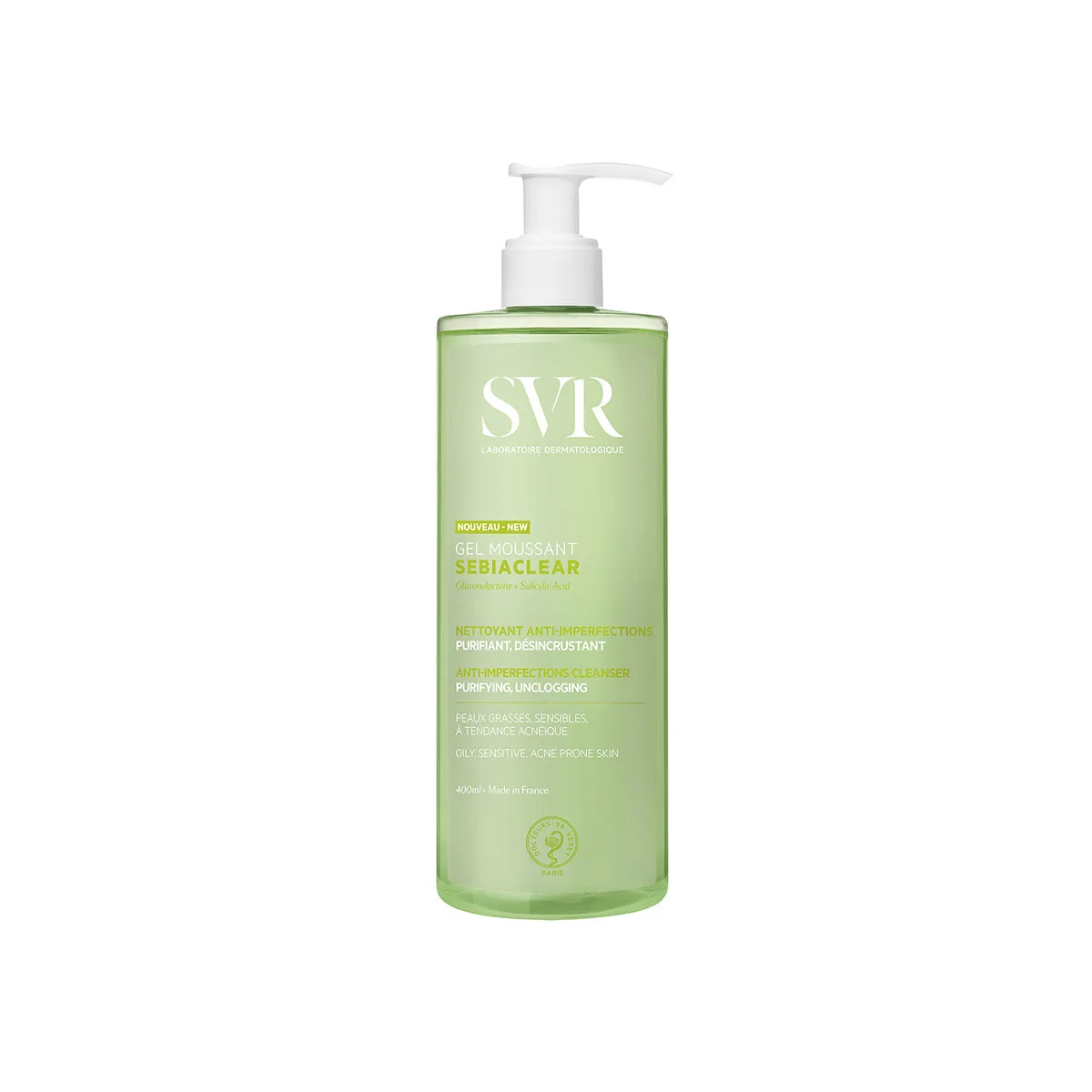 SVR Sebiaclear Foaming Gel 400ml in a white pump bottle with red SVR branding — French pharmacy face and body acne cleanser