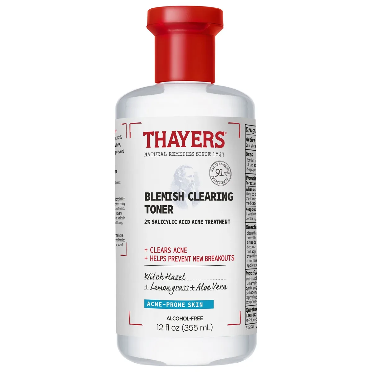 Thayers Blemish Clearing 2% BHA Toner 12 fl oz clear bottle with red cap