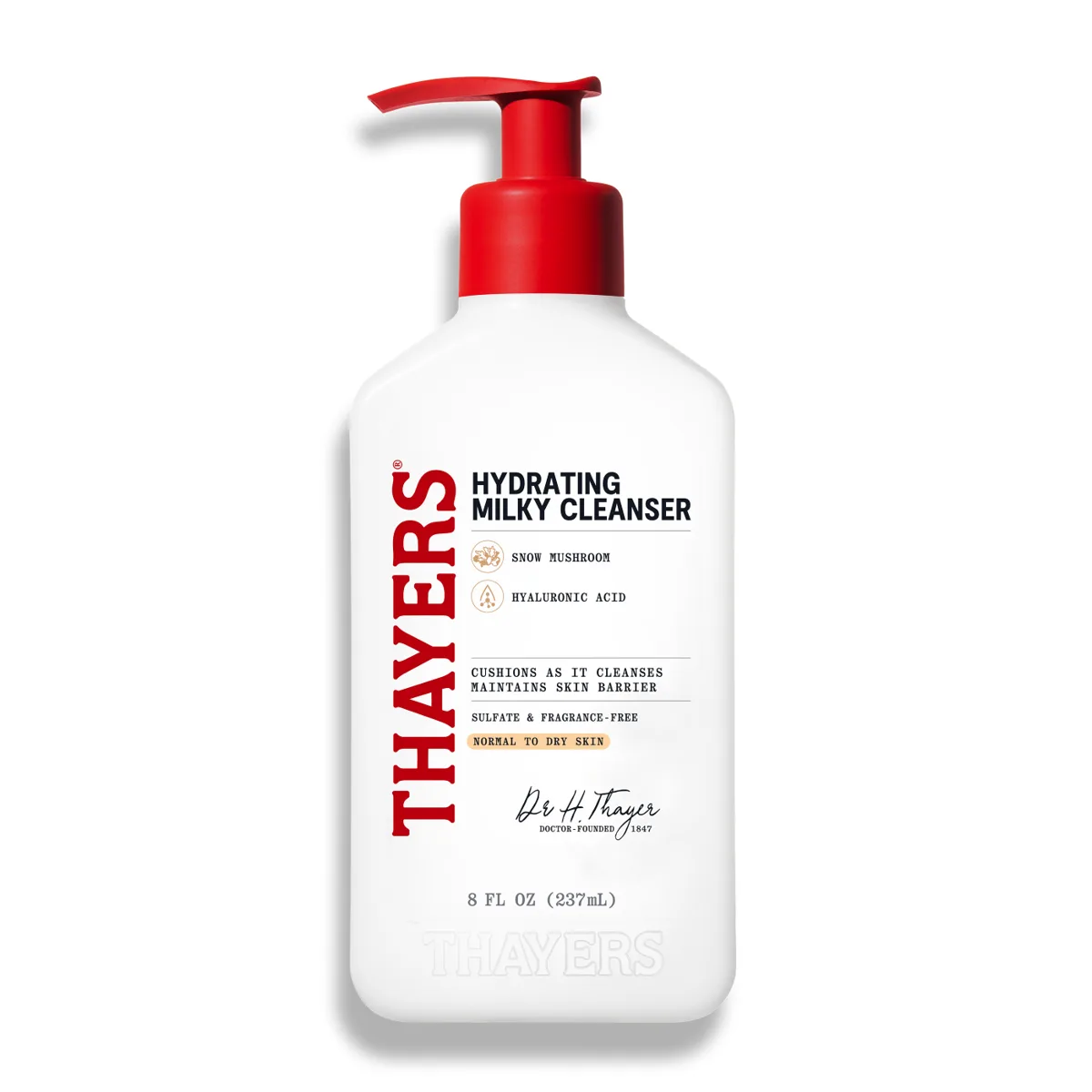 Thayers Hydrating Milky Cleanser with snow mushroom and hyaluronic acid in a white 8 oz pump bottle with red pump