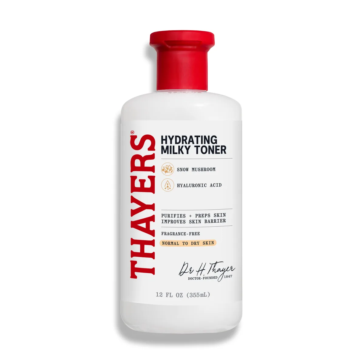 Thayers Hydrating Milky Toner 12 fl oz clear bottle of white milky toner with red cap