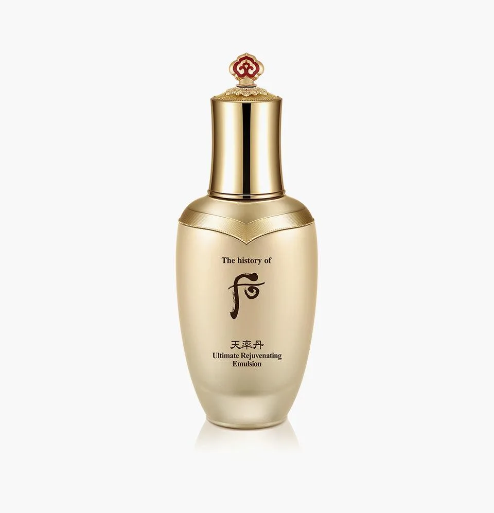 The History of Whoo Cheonyuldan Hwayul Ultimate Rejuvenating Emulsion pearlescent gold bottle with red-crowned gold cap, 110 ml