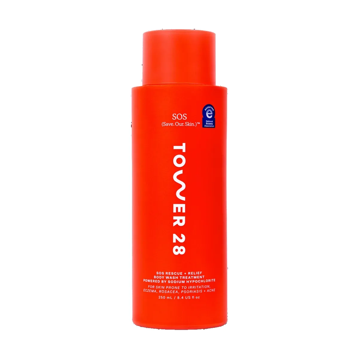 Tower 28 SOS Rescue + Relief Body Wash bottle, NRS-approved sensitive-skin body wash with hypochlorous acid, mild amphoteric surfactants, cactus flower extract, apple fruit extract, and glycerin