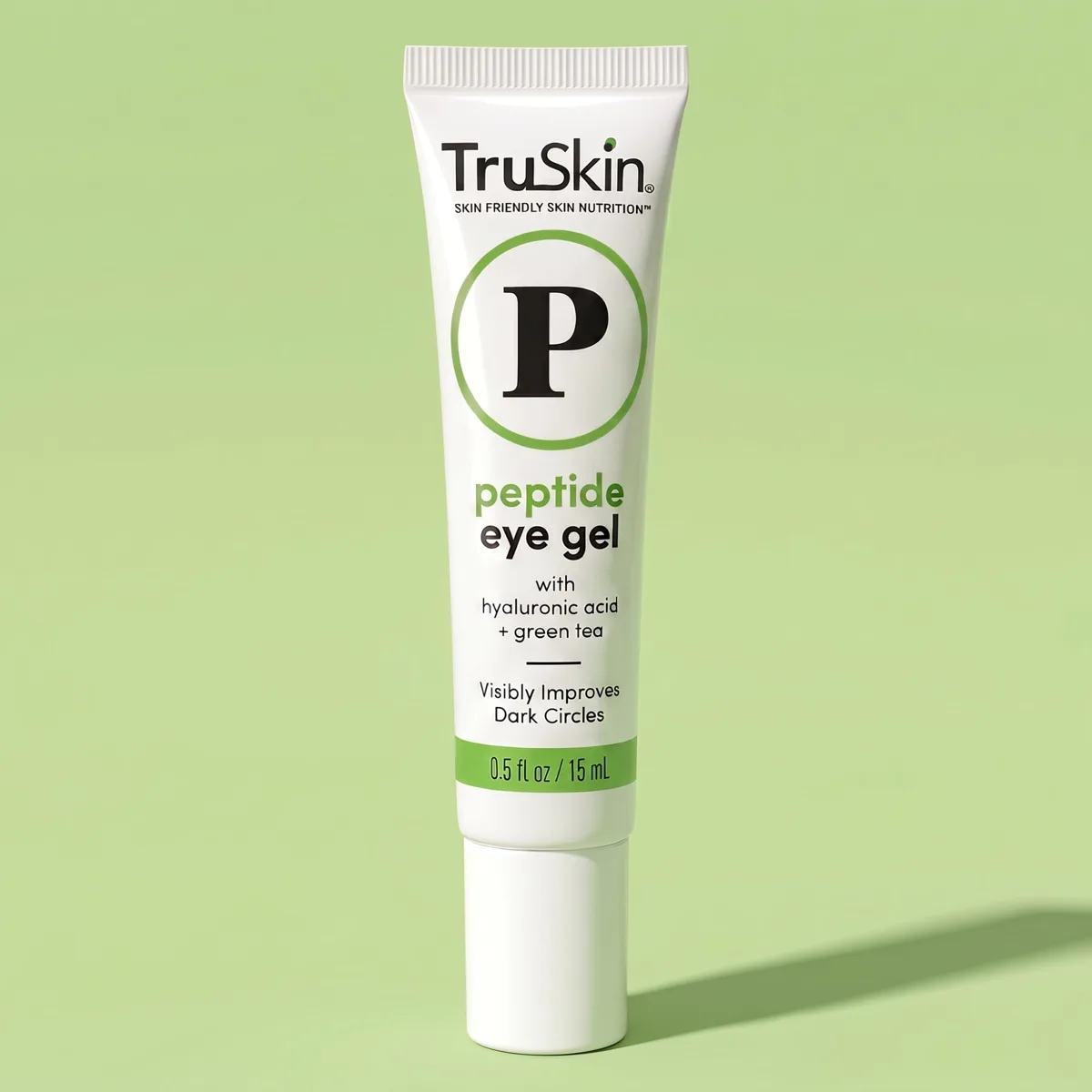 TruSkin Eye Gel with Peptide Complex in a white squeeze tube with a green P roundel labelled peptide eye gel