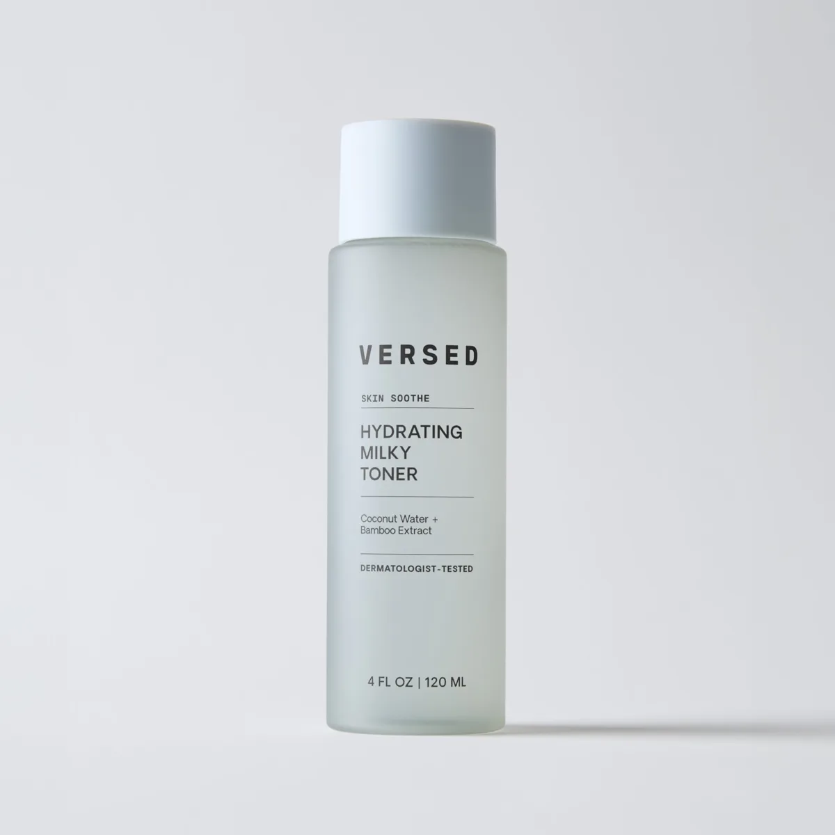Versed Skin Soothe Hydrating Milky Toner bottle on white background