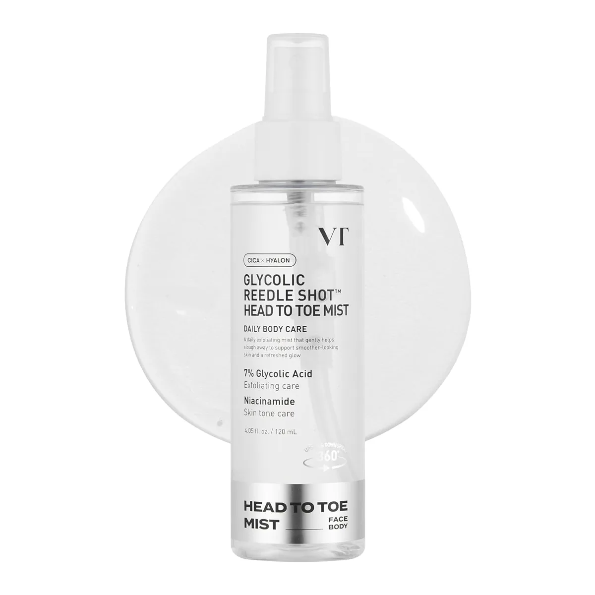 VT Cosmetics Glycolic Reedle Shot Head To Toe Mist clear 120 ml spray bottle with a white rotating nozzle