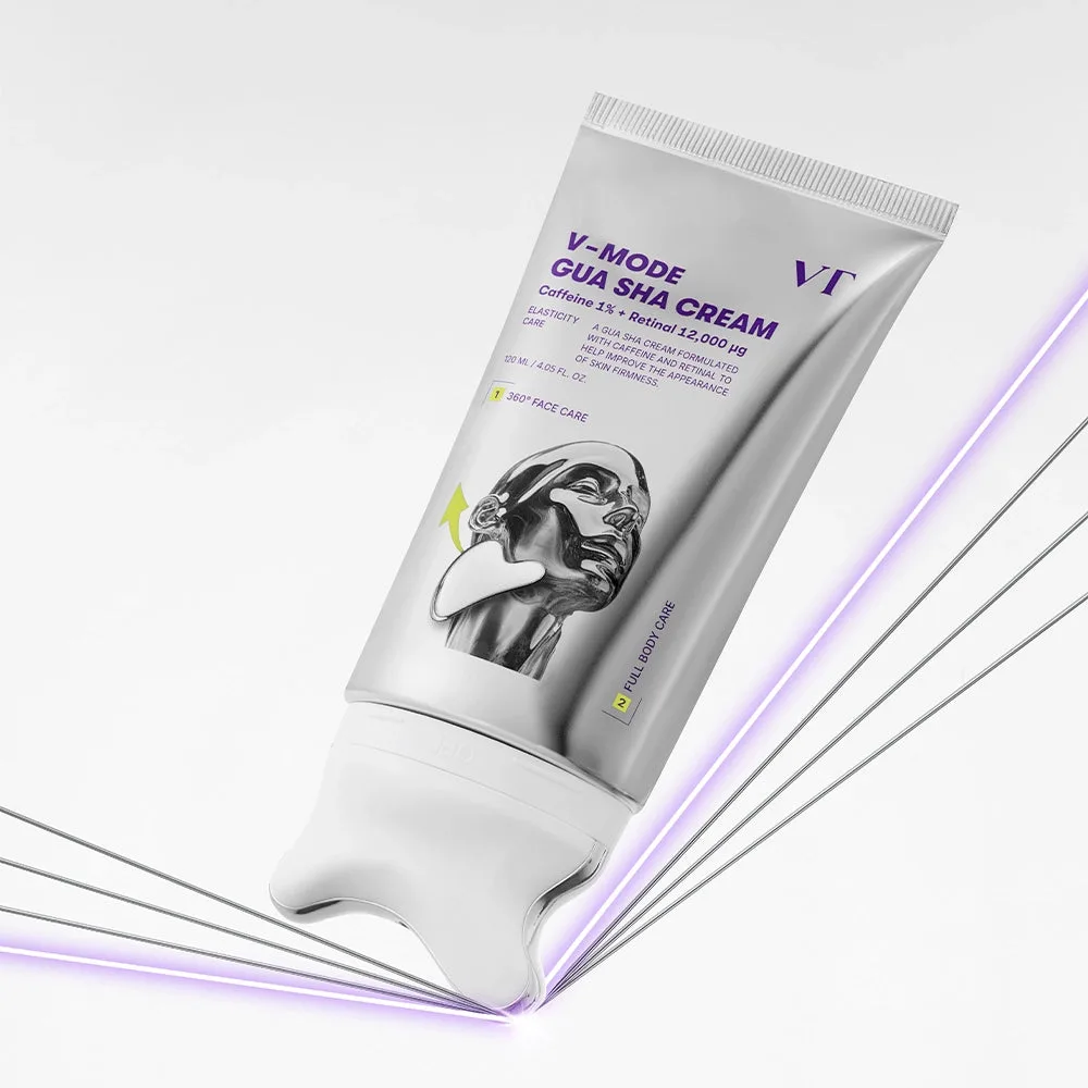 VT Cosmetics V-Mode Gua Sha Cream silver-grey 120 ml tube with a curved gua sha edge at its base, shown angled with purple light streaks