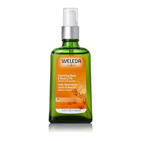 Weleda Hydrating Body & Beauty Oil 100ml green glass pump bottle with sea buckthorn label