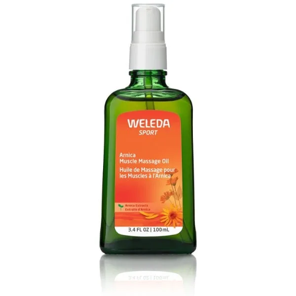 Weleda Sport Arnica Muscle Massage Oil 100ml green glass pump bottle with orange label